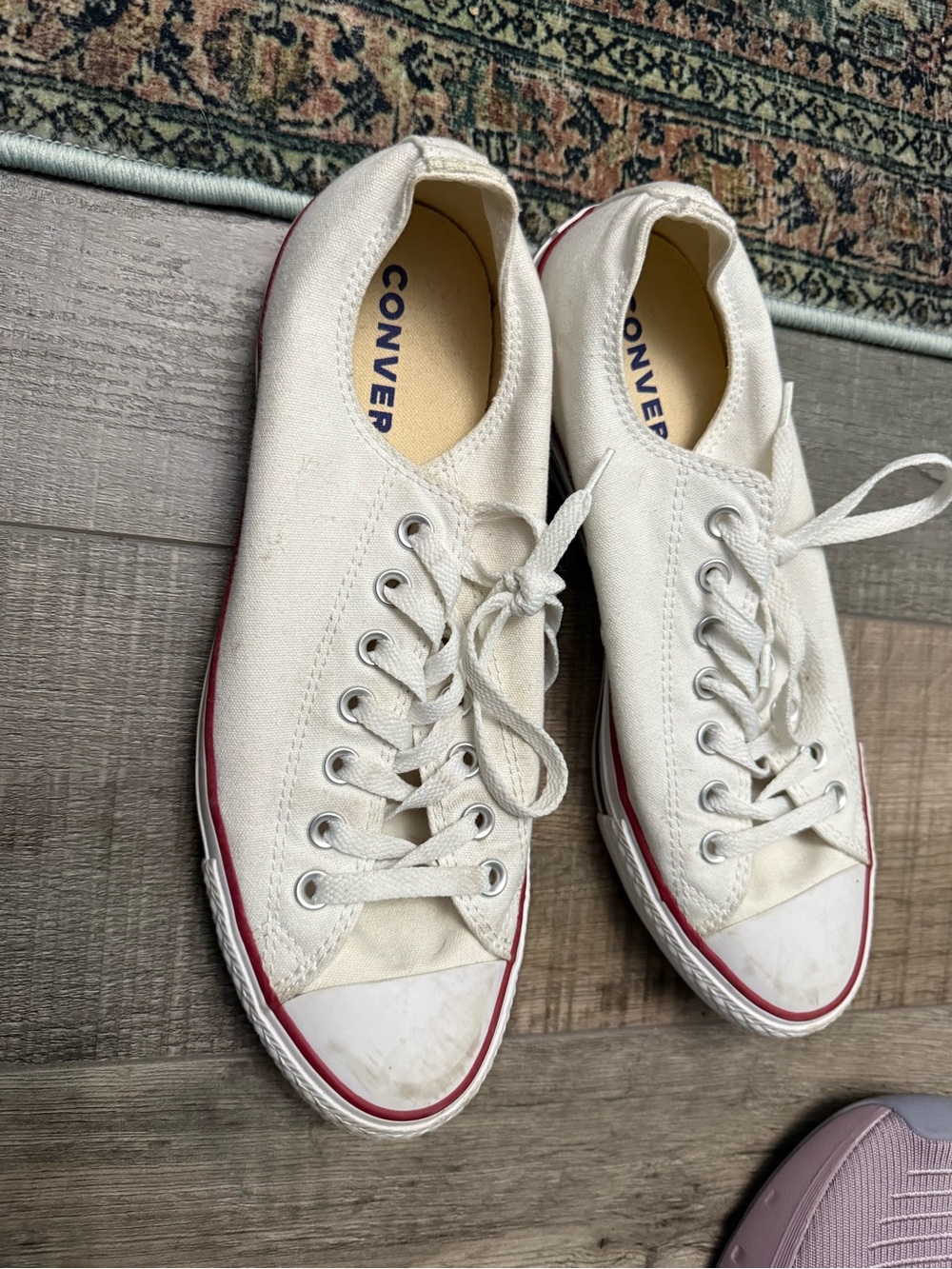Converse Low-Top Canvas Sneakers in White with Red Trim